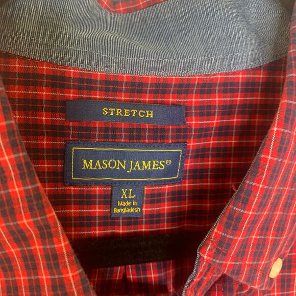 Mason James Red Plaid Shirt XL Long Sleeve Red Navy Blue - Picture 2 of 4